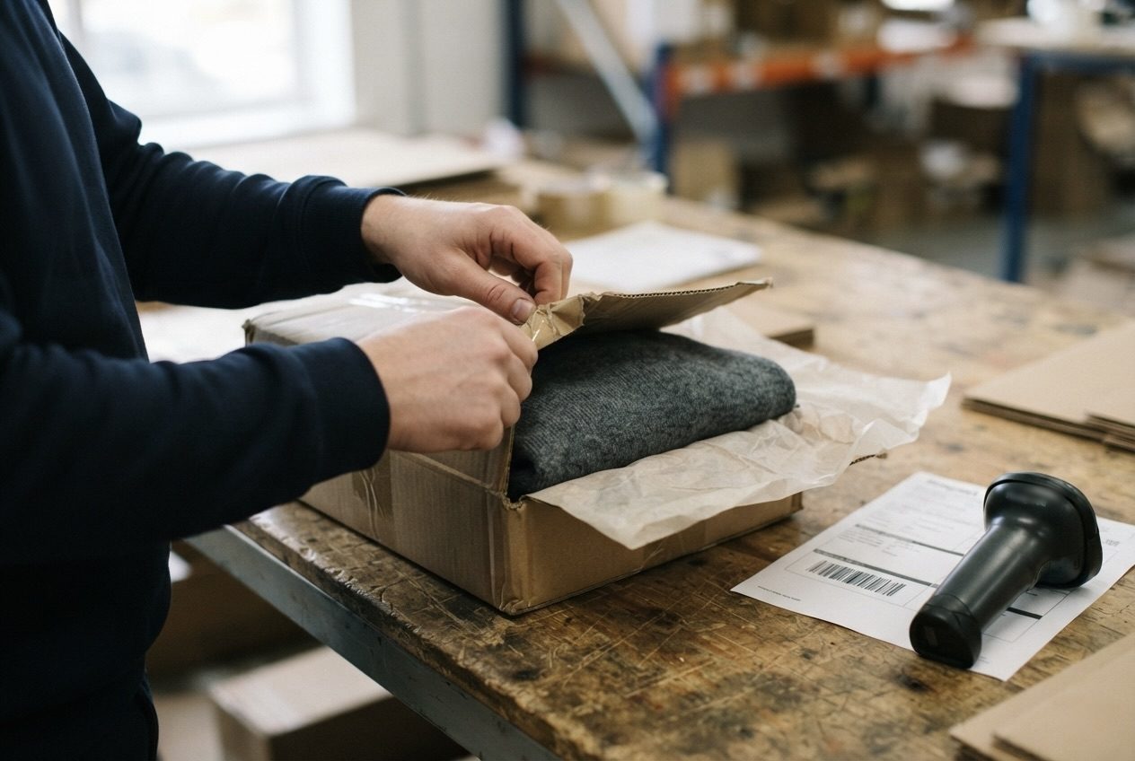 A returned knitwear item being unpacked on a workbench beside a barcode scanner