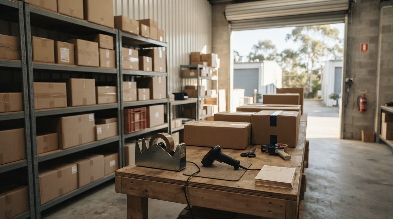 Returns processing bench and shelving inside a Sydney storage unit