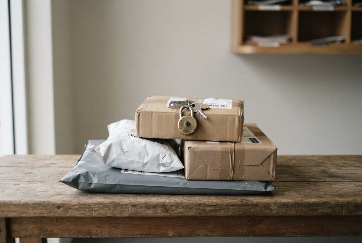 Returned parcels and satchels stacked on a table