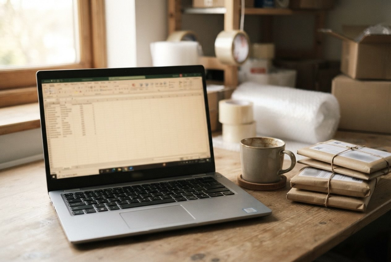 Laptop on a packing desk beside wrapped parcels