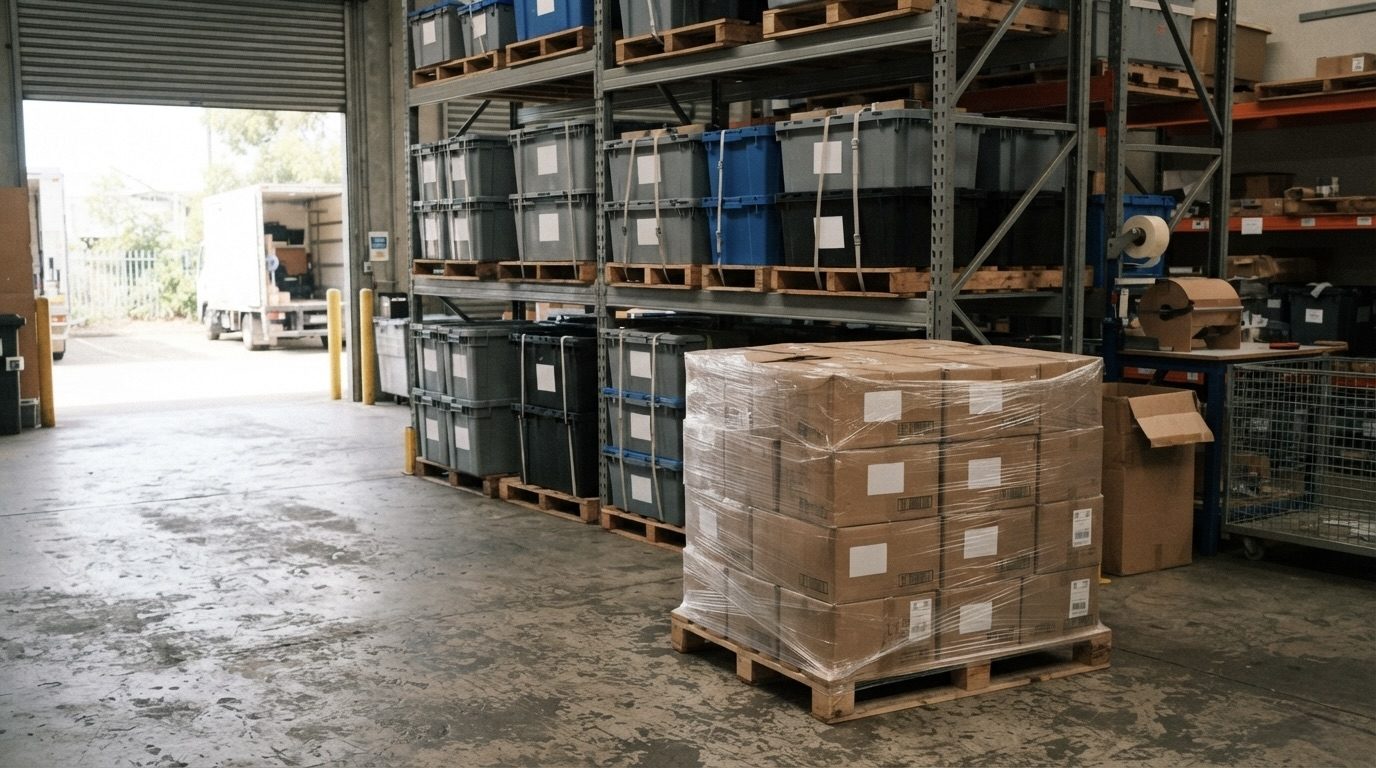 Storage tubs on racking and a shrink-wrapped pallet ready for freight